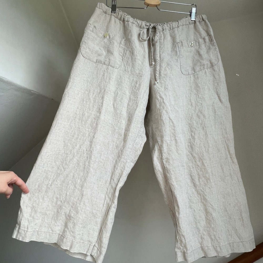 Allen Allen Linen Crop Pants 2X Beige Wide Leg Drawstring Capris Coastal Summer